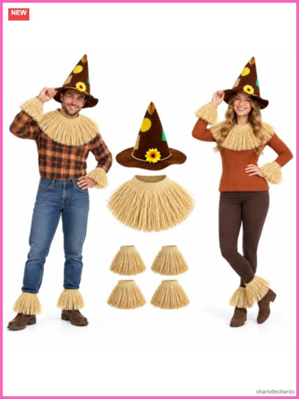 Scarecrow Costume Accessory Set Felt Raffia Straw Hat Neck Arm Ankle Bands